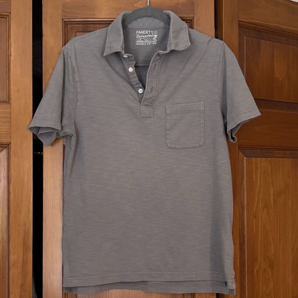 Faherty Sunwashed Organic Cotton Gray Short Sleeve Polo Shirt Men's Size S Chest
